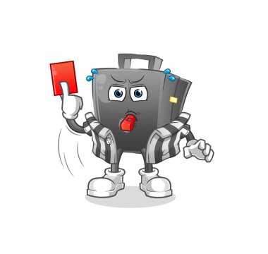 Kırmızı kart resimli evrak çantası hakemi. karakter vektörü