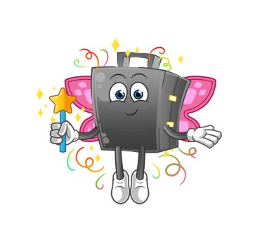 Kanatlı ve sopalı çanta perisi. çizgi film maskotu vektörü