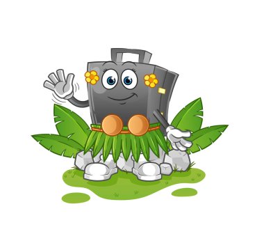 Çantalı Hawai 'li el sallayan karakter. çizgi film maskotu vektörü