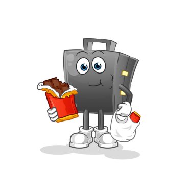 Çanta çikolata maskotu yiyor. çizgi film vektörü