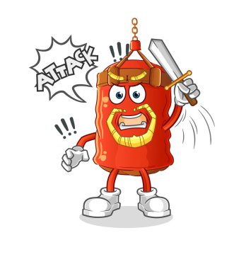 Kum torbası şövalyeleri kılıçla saldırır. çizgi film maskotu vektörü