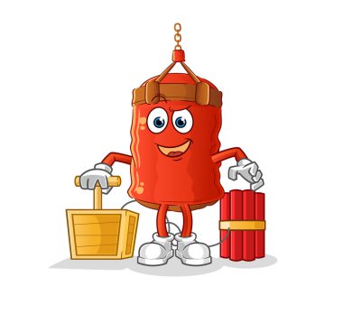 Elinde dinamit fünyesi tutan kum torbası. çizgi film maskotu vektörü