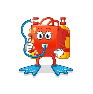 Alışveriş çantası dalgıcı çizgi filmi. çizgi film maskotu vektörü