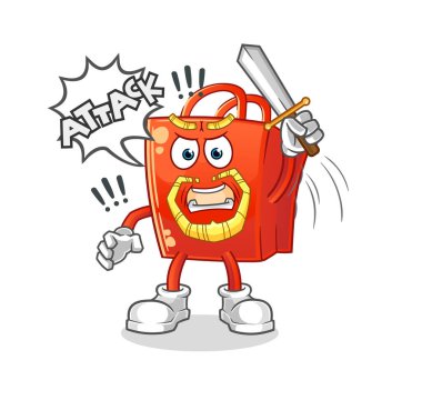 Alışveriş torbası şövalyeleri kılıçla saldırır. çizgi film maskotu vektörü