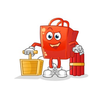 Elinde dinamit fünyesi olan bir alışveriş çantası. çizgi film maskotu vektörü