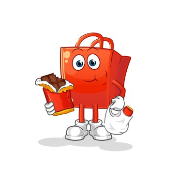 Alışveriş çantası çikolata maskotu yer. çizgi film vektörü