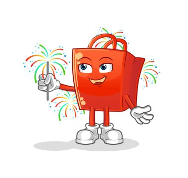 Havai fişek maskotlu bir alışveriş çantası. çizgi film vektörü