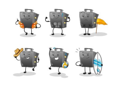 Evrak çantası plaj tatili set karakteri. çizgi film maskotu vektörü