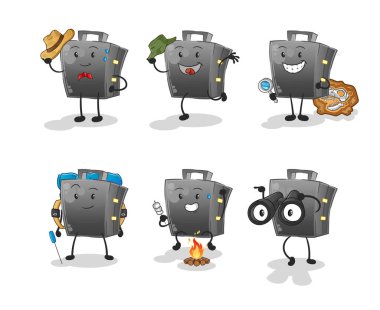 evrak çantası macera grubu karakteri. çizgi film maskotu vektörü