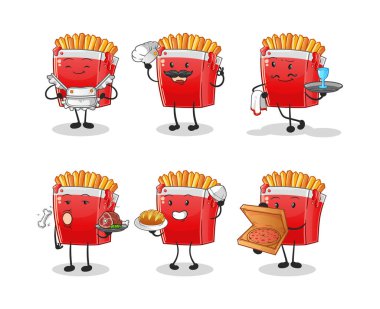 Patates kızartması restoran grubu karakteri. çizgi film maskotu vektörü