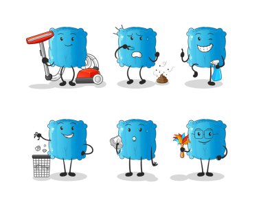 Yastık temizleme grubu. çizgi film maskotu vektörü