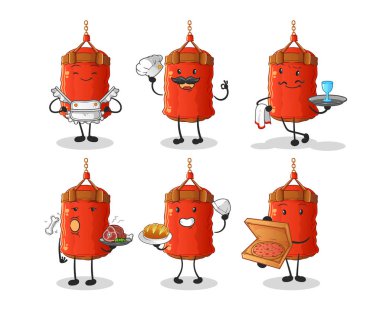 Kum torbası restoran grubu karakteri. çizgi film maskotu vektörü