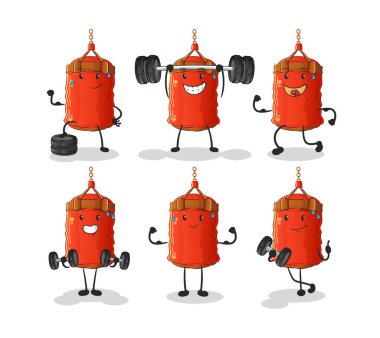 Kum torbası egzersiz seti karakteri. çizgi film maskotu vektörü