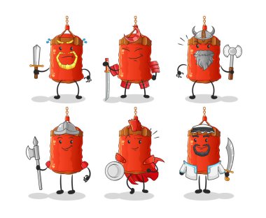 Kum torbası savaşçı grup karakteri. çizgi film maskotu vektörü