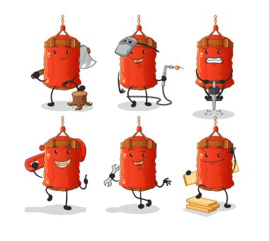 Kum torbası işçisi karakteri belirledi. çizgi film maskotu vektörü