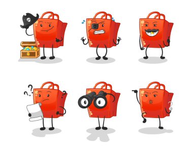 Alışveriş torbası korsan grup karakteri. çizgi film maskotu vektörü