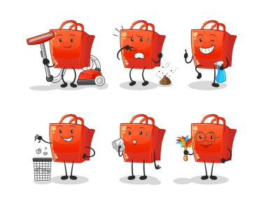 Alışveriş torbası temizleme grubu karakteri. çizgi film maskotu vektörü