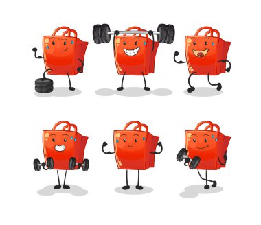 Alışveriş çantası egzersiz seti karakteri. çizgi film maskotu vektörü