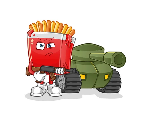 Soldado Patatas Fritas Con Carácter Tanque Vector Mascota Dibujos Animados — Vector de stock