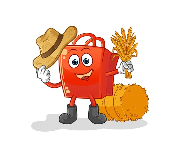 Shopping Bag Farmer Mascot Cartoon Vector — Stock Vector