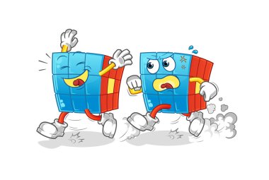 Rubik Küpü kovalamaca çizgi filmi oynuyor. çizgi film maskotu vektörü