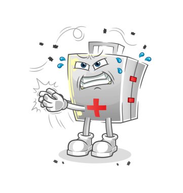 İlk yardım çantası uçan karakter. çizgi film maskotu vektörü