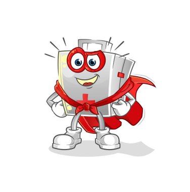 İlk yardım çantası kahraman vektörü. çizgi film karakteri