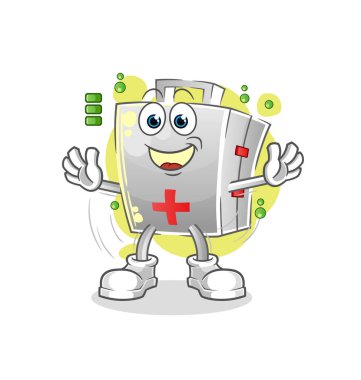 İlk yardım çantası tam batarya karakteri. çizgi film maskotu vektörü