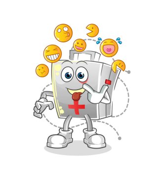 İlk yardım çantası güler ve karakterle alay eder. çizgi film maskotu vektörü