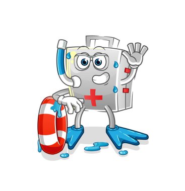 Şamandıra maskotlu ilk yardım çantası yüzücüsü. çizgi film vektörü