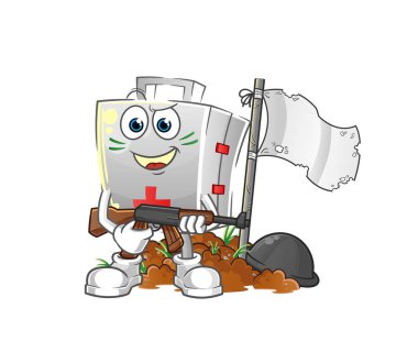 İlk yardım çantası ordu karakteri. çizgi film maskotu vektörü