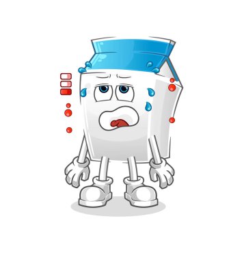 Süt düşük batarya maskotu. çizgi film vektörü