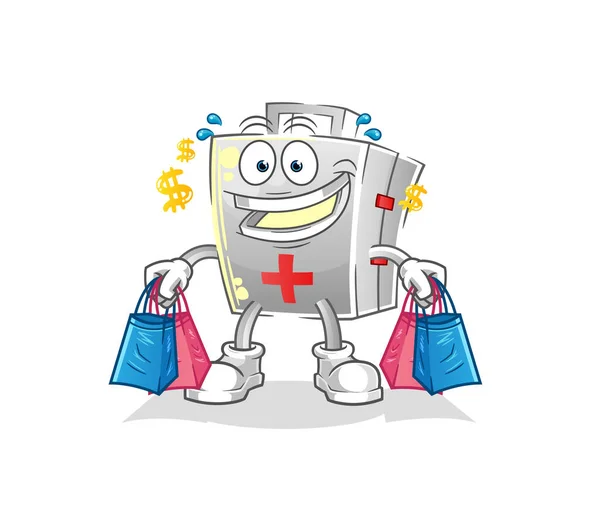 Kit Pronto Soccorso Shoping Mascotte Vettore Dei Cartoni Animati — Vettoriale Stock