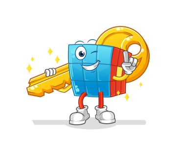 Rubik Küpü anahtar maskotu taşıyor. çizgi film vektörü