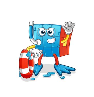 Şamandıra maskotlu Rubik Küp yüzücüsü. çizgi film vektörü