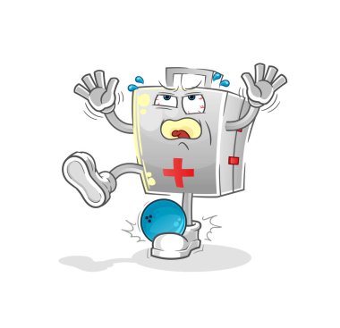 Bowling çizgi filmiyle ilk yardım çantası hazır. çizgi film maskotu vektörü