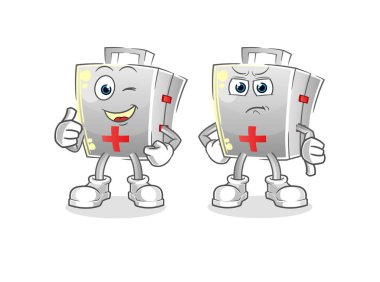 İlk yardım çantasının baş parmağı yukarı ve baş parmağı aşağı. çizgi film maskotu vektörü