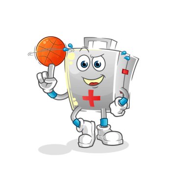 İlk yardım çantası basket topu maskotu oynuyor. çizgi film vektörü