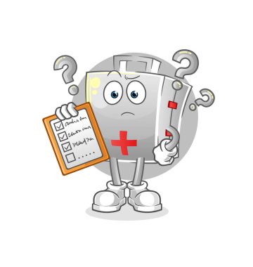 İlk yardım çantası çizelgesi vektörü. çizgi film karakteri