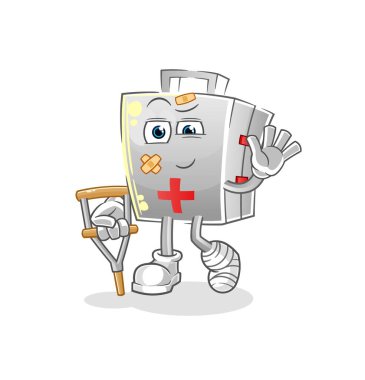 Topallayan sopası olan hasta bir ilk yardım çantası. çizgi film maskotu vektörü