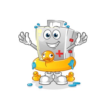 Ördek şamandıralı ilk yardım çantası. çizgi film maskotu vektörü