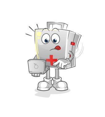 Laptop maskotlu ilk yardım çantası. çizgi film vektörü