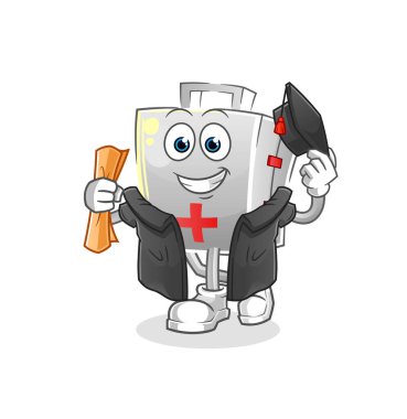 İlk yardım çantası mezuniyet vektörü. çizgi film karakteri