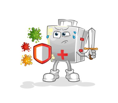 Virüs çizgi filmine karşı ilk yardım çantası. çizgi film maskotu vektörü