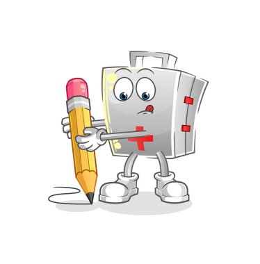 İlk yardım çantasını kalemle yaz. çizgi film maskotu vektörü