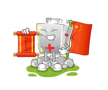 İlk yardım çantası Çin çizgi filmi. çizgi film maskotu vektörü