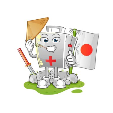 İlk yardım çantası Japon vektörü. çizgi film karakteri