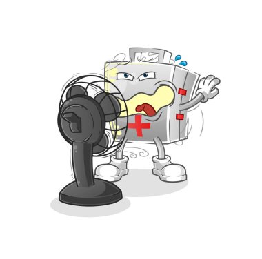 Hayran karakterinin önünde ilk yardım çantası. çizgi film maskotu vektörü