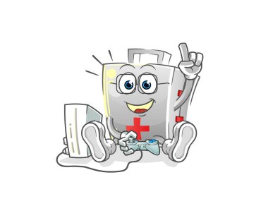 İlk yardım çantası video oyunları oynuyor. çizgi film karakteri