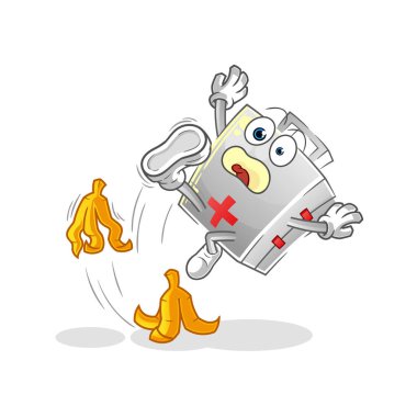 İlk yardım çantası muza basıp kaydı. çizgi film maskotu vektörü